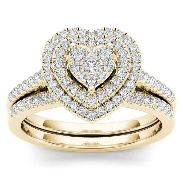 Double Halo Heart Bridal Ring Set