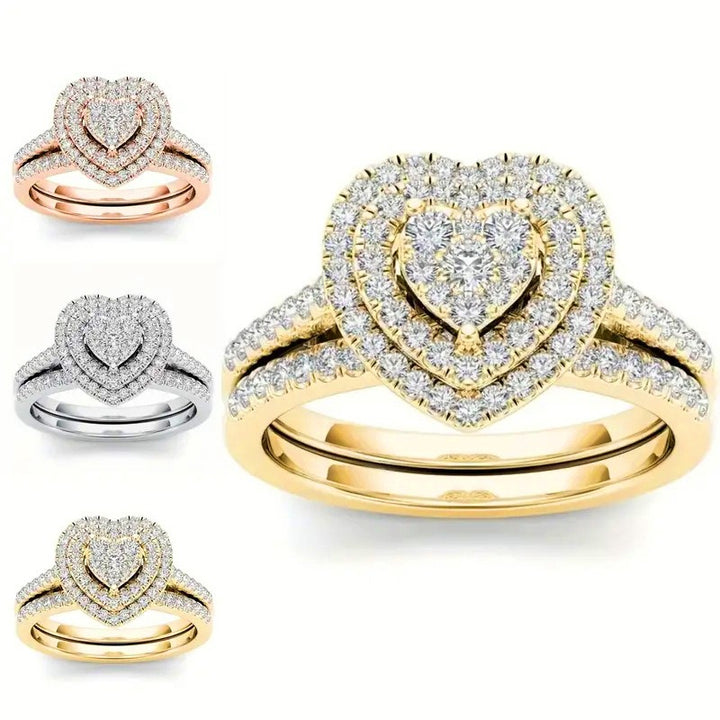 Double Halo Heart Bridal Ring Set