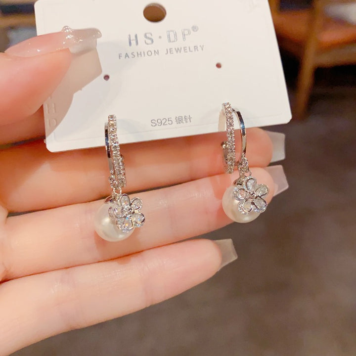 S925 Sterling Silver Flower Pearl Hoop Earrings