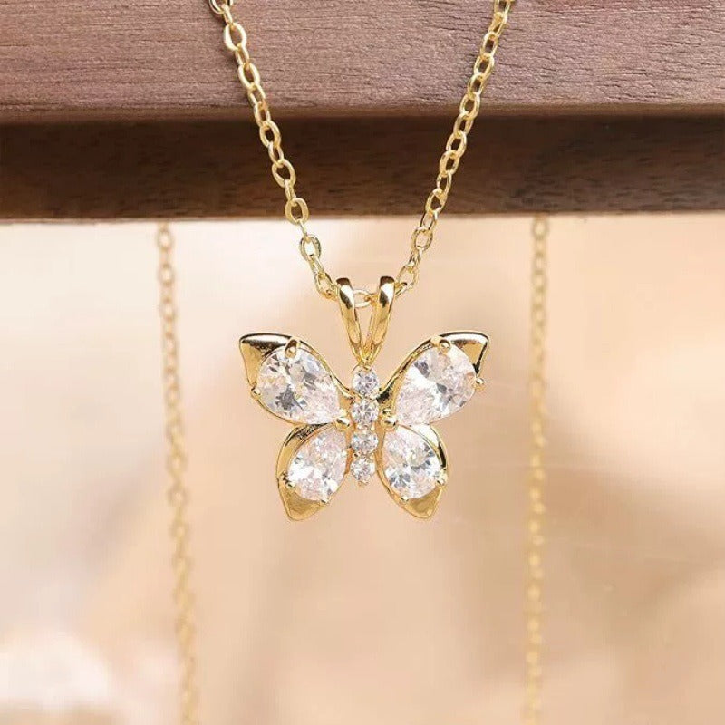 14K Gold Pink Butterfly Pendant Necklace