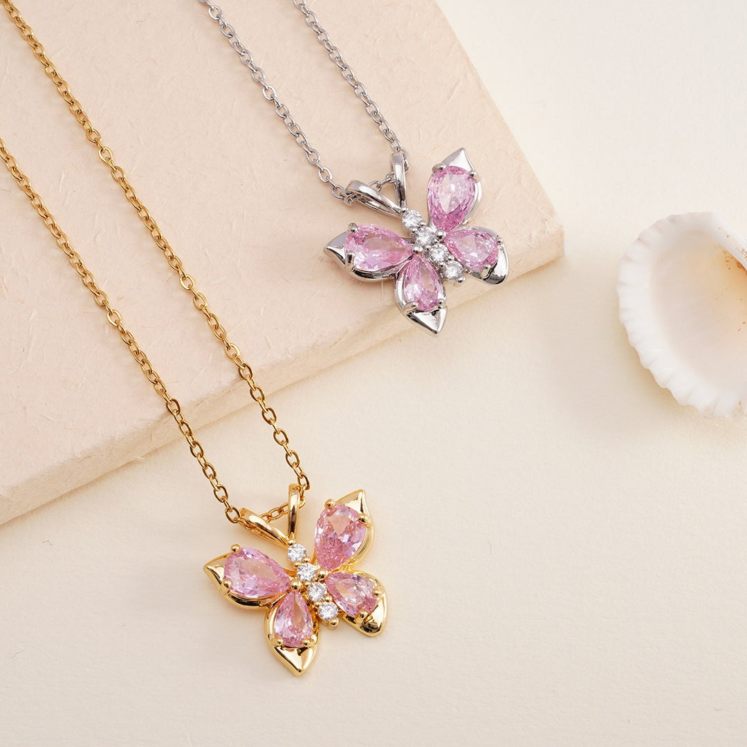 14K Gold Pink Butterfly Pendant Necklace