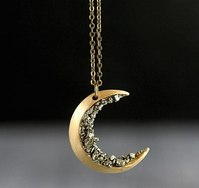 Natural Pyrite Crescent Moon Necklace