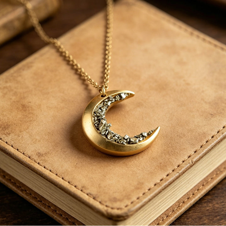 Natural Pyrite Crescent Moon Necklace