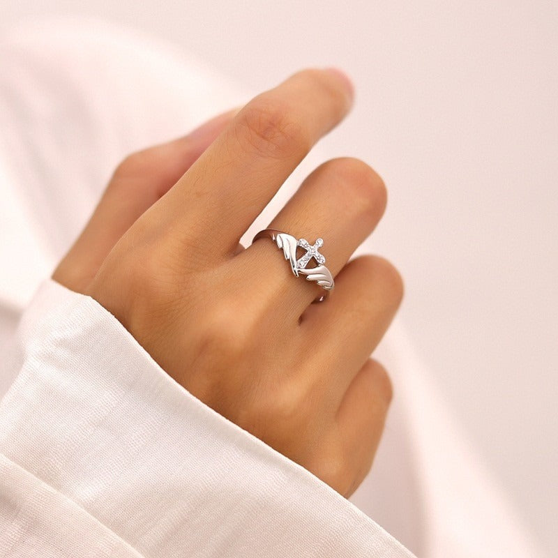 Guardian Wings S925 Sterling Silver Cross Adjustable Ring