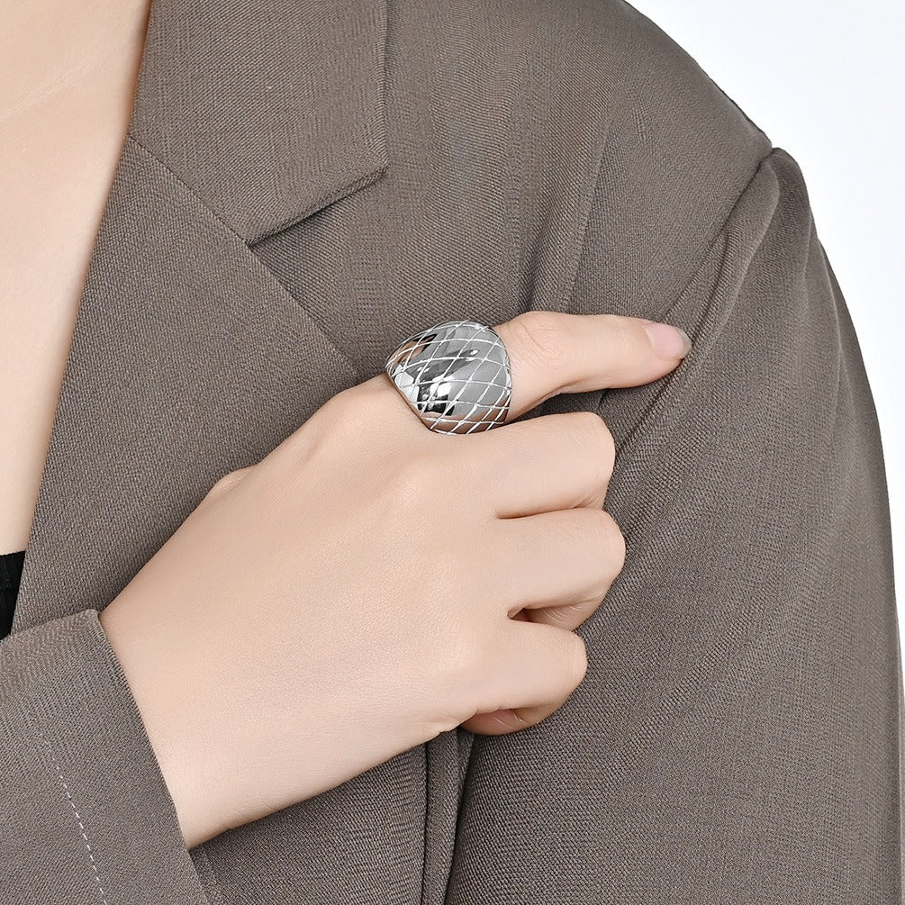 14K Gold Plated Quilted Grid Wide Band Ring