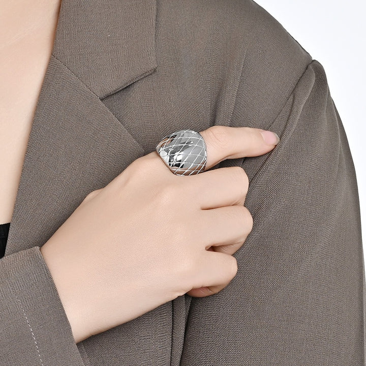 14K Gold Plated Quilted Grid Wide Band Ring