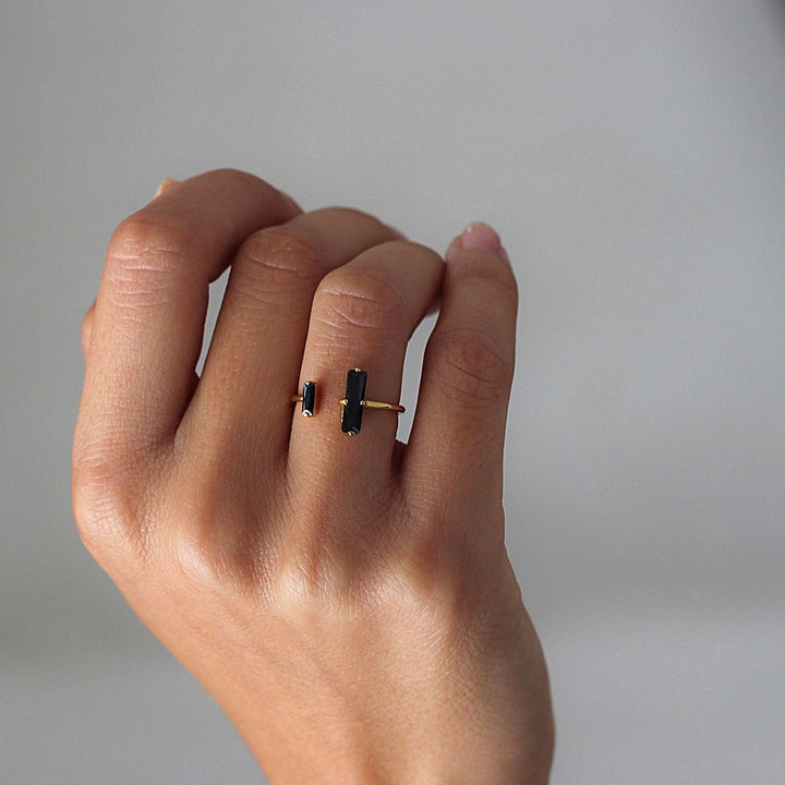 Minimalist Geometric Black Obsidian Open Ring