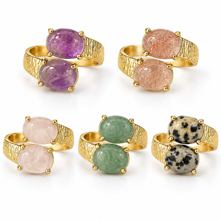 Natural Gemstone 18K Gold Plated Vintage Hammered Double-Stone Open Ring
