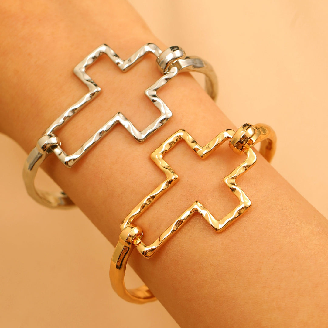 18K Gold / Silver Hammered Open Cuff Symbol Bracelet