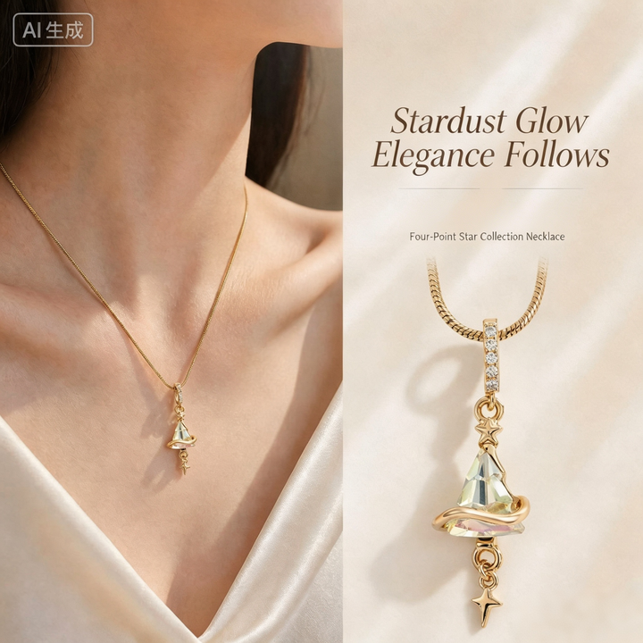 Flowing Starlight 14K Gold Plated Iridescent Crystal Spiral Star Necklace
