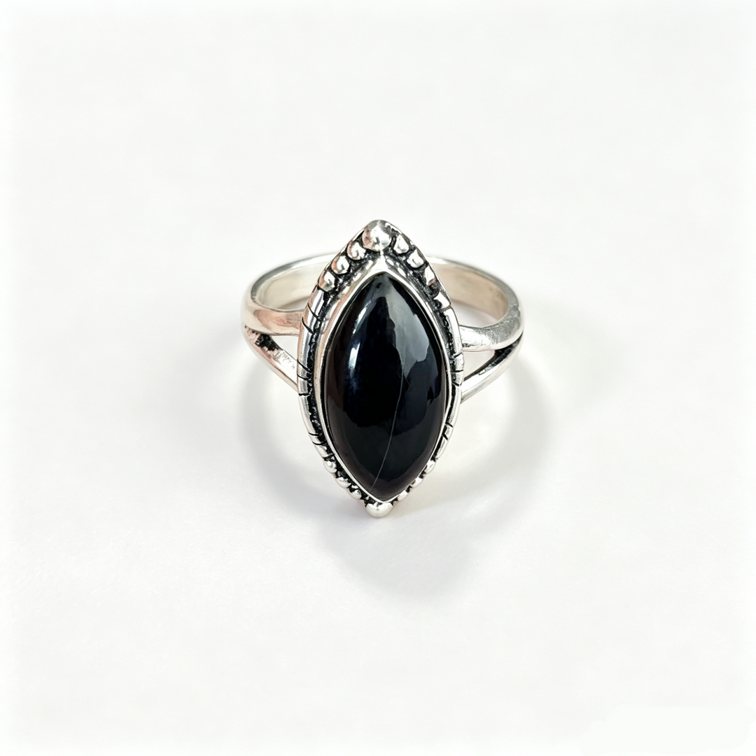 Natural Protection Shield & Strength Vintage Black Agate Silver Ring