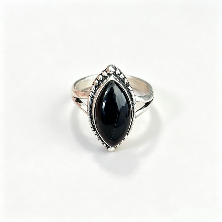 Natural Protection Shield & Strength Vintage Black Agate Silver Ring