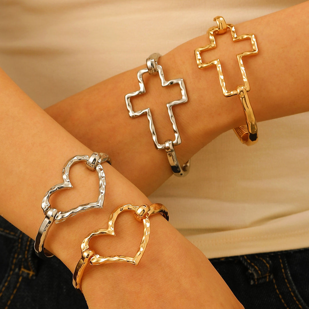 18K Gold / Silver Hammered Open Cuff Symbol Bracelet