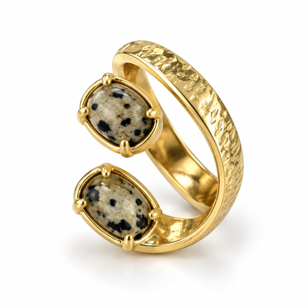 Natural Gemstone 18K Gold Plated Vintage Hammered Double-Stone Open Ring