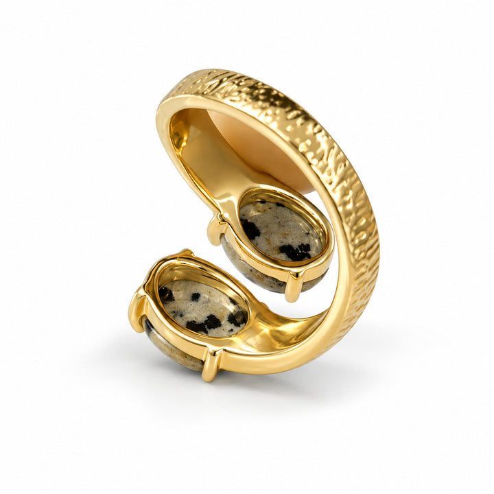 Natural Gemstone 18K Gold Plated Vintage Hammered Double-Stone Open Ring
