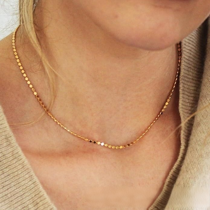 14K Solid Gold Minimalist Flat Bead Chain Necklace