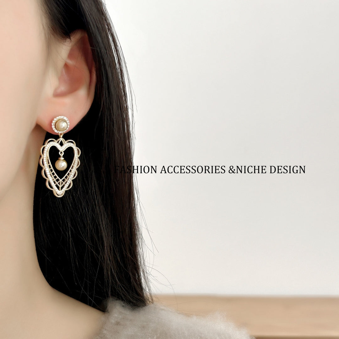 18K Gold & Silver Plated CZ Vintage Lace Heart Pearl Drop Earrings
