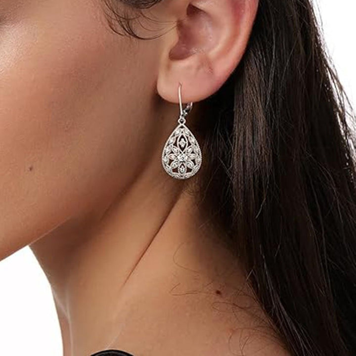 14K Gold Plated CZ S925 Silver Leverback French Vintage Teardrop Filigree Earrings