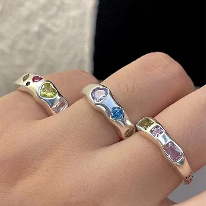 Prismatic Flow Geometric Cut Colorful Gemstone Wide Band Adjustable Ring