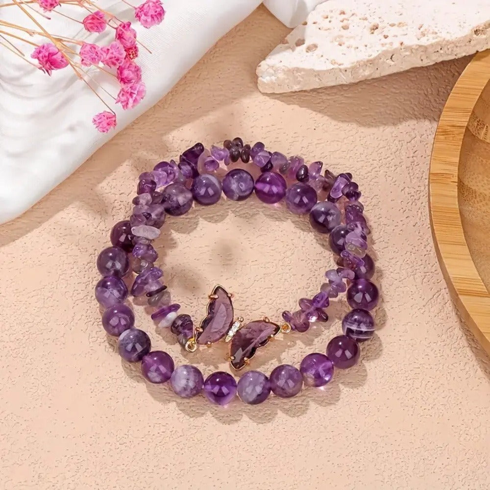 Butterfly Charm Natural Crystal Beaded & Chip Bracelet Set