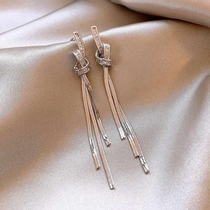 S925 Silver Baguette Knot Tassel Earrings Long Metal Chain Drop Earrings