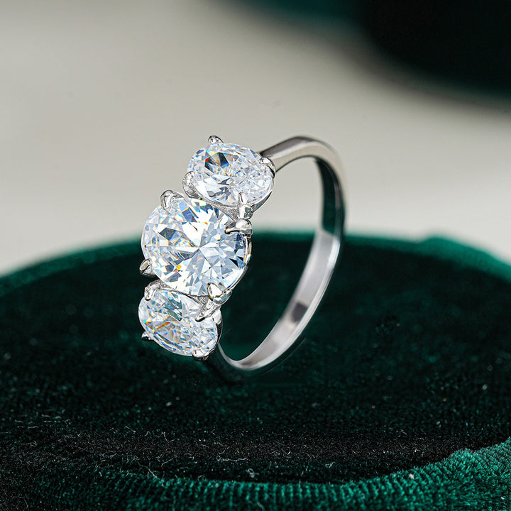 S925 Sterling Silver Classic Three-Stone Oval Ring Everyday Luxury Wedding Band