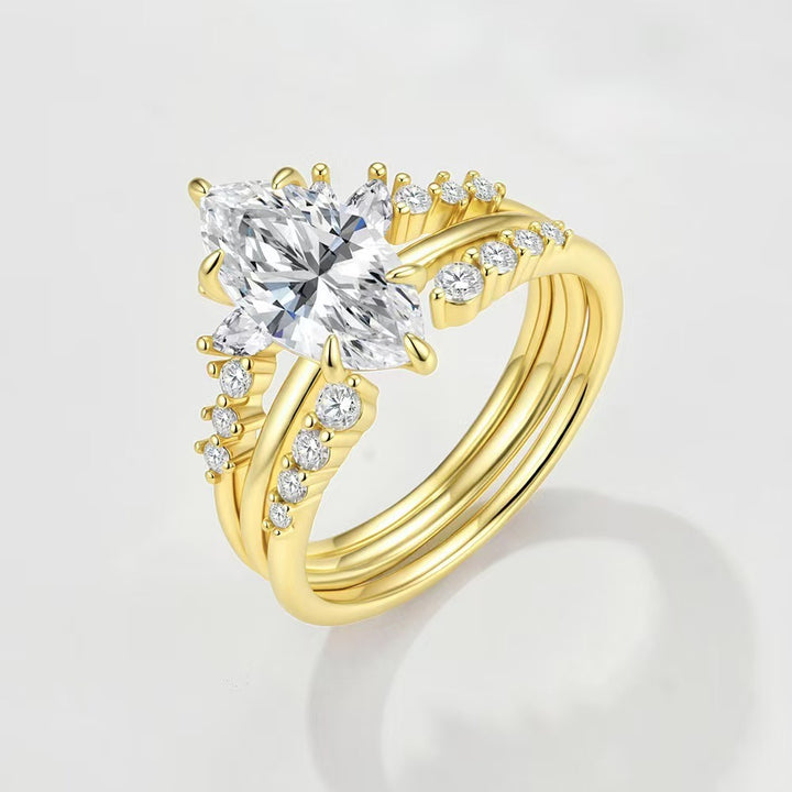 18K Gold Marquise Crown & Open Band Stackable Ring Set