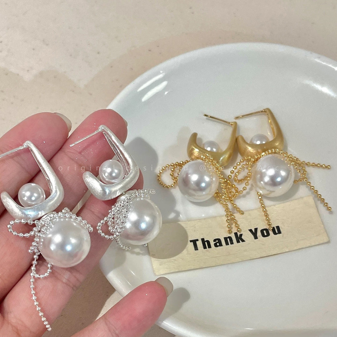 Vintage U-Shape Pearl Tassel Earrings