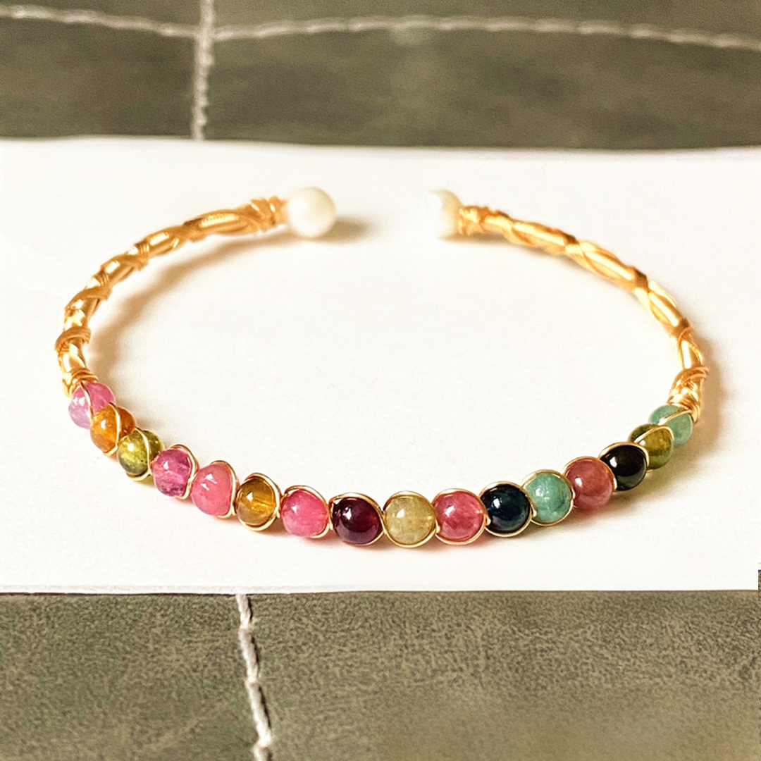 18K Gold Natural Gemstone Wire-Wrapped Bracelet