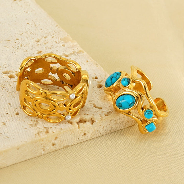 18K Gold Vintage Boho Natural Stone Open Ring