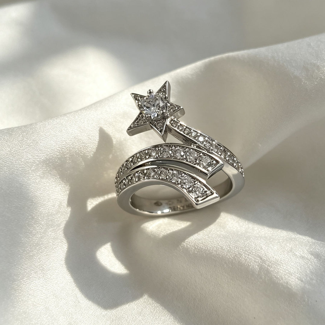 S925 Sterling Silver Shooting Star Pavé Ring Celestial Statement Ring