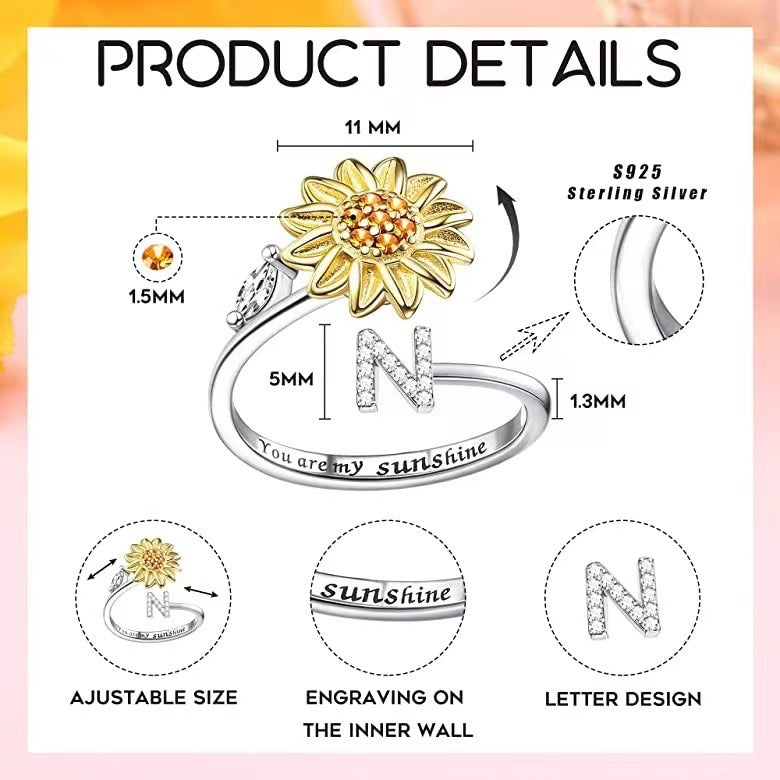 S925 Silver Sunflower Spinner Ring Personalized A-Z Initial CZ