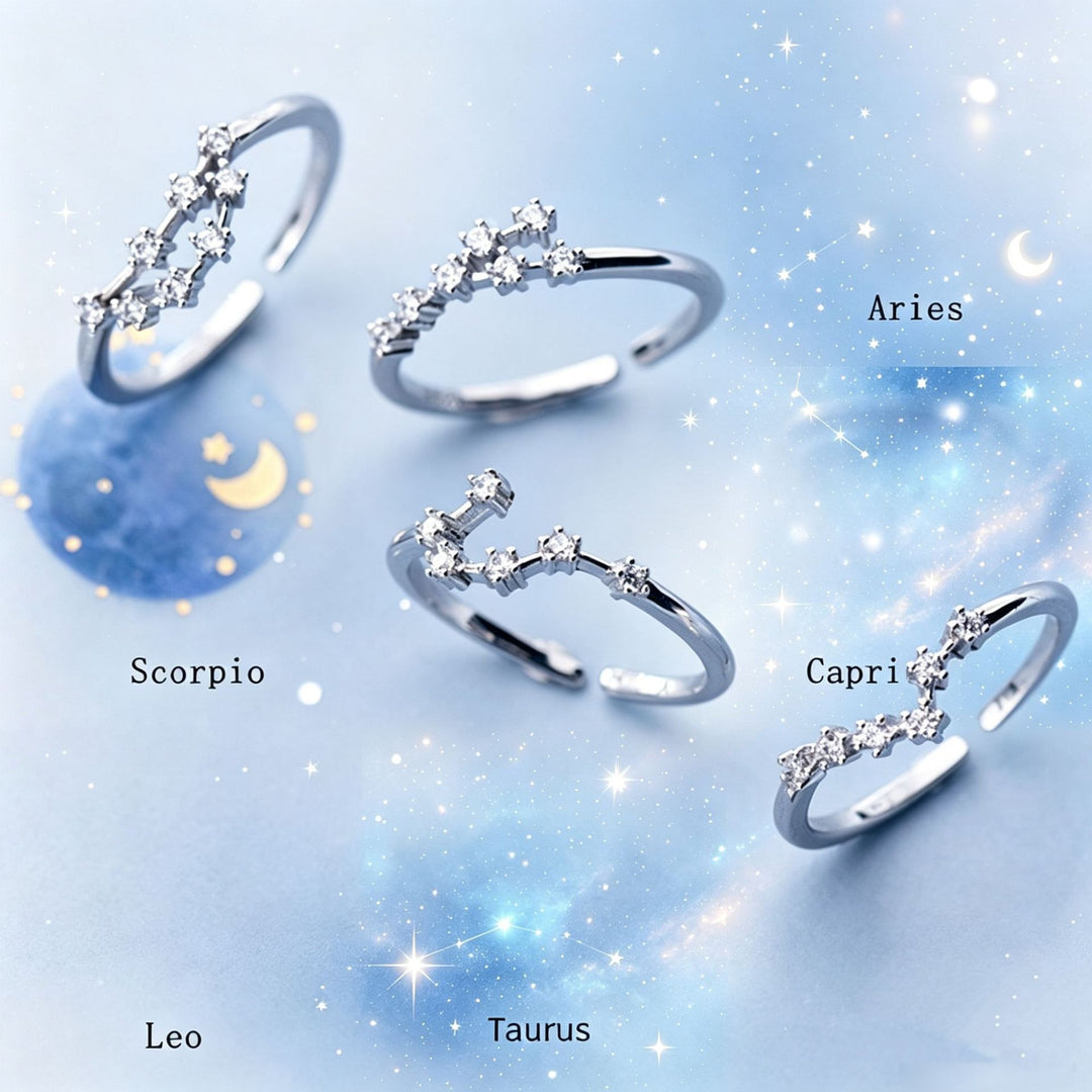 S925 Sterling Silver Zodiac Open Ring Constellation Pavé Ring