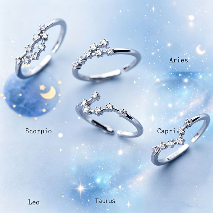 S925 Sterling Silver Zodiac Open Ring Constellation Pavé Ring