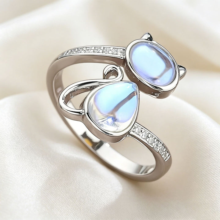 S925 Sterling Silver Moonstone Cat Ring