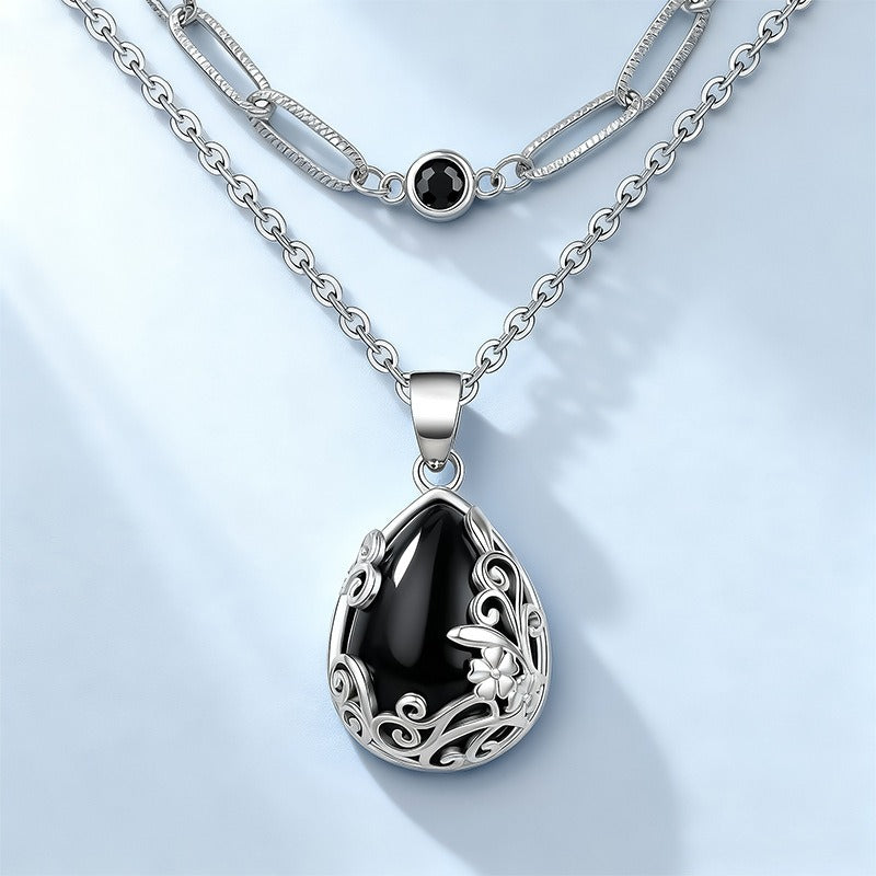 S925 Silver Vintage Black Obsidian Necklace