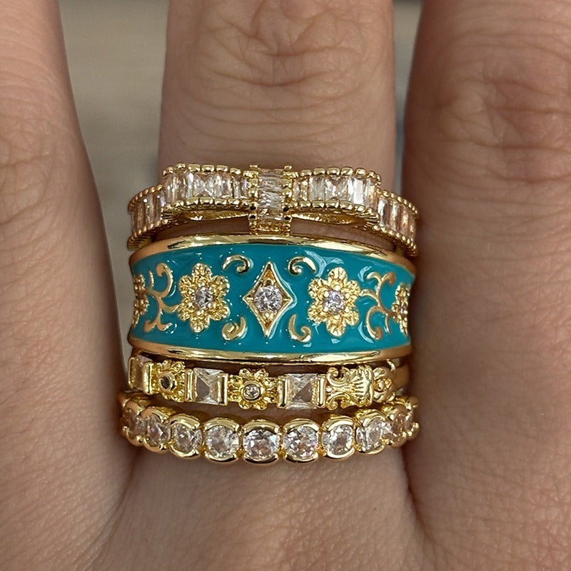Vintage Enamel Micro-Pavé 4-Piece Stackable Ring Set