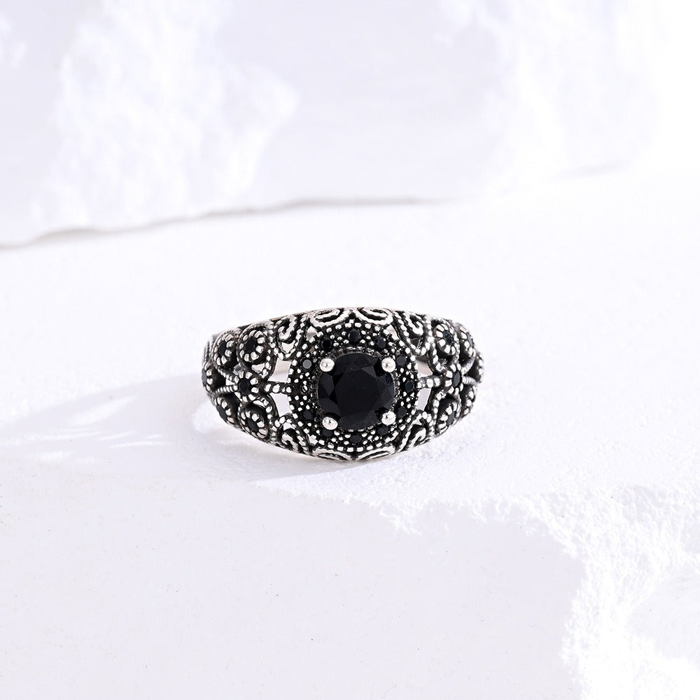 Dark Guardian · S925 Sterling Silver Vintage Carved Obsidian Ring