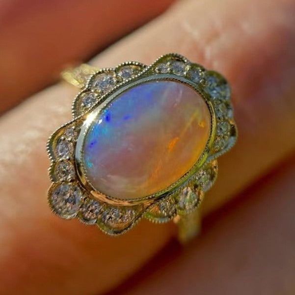 18K Gold Vintage Opal Ring Lace Halo Scalloped CZ Statement Ring