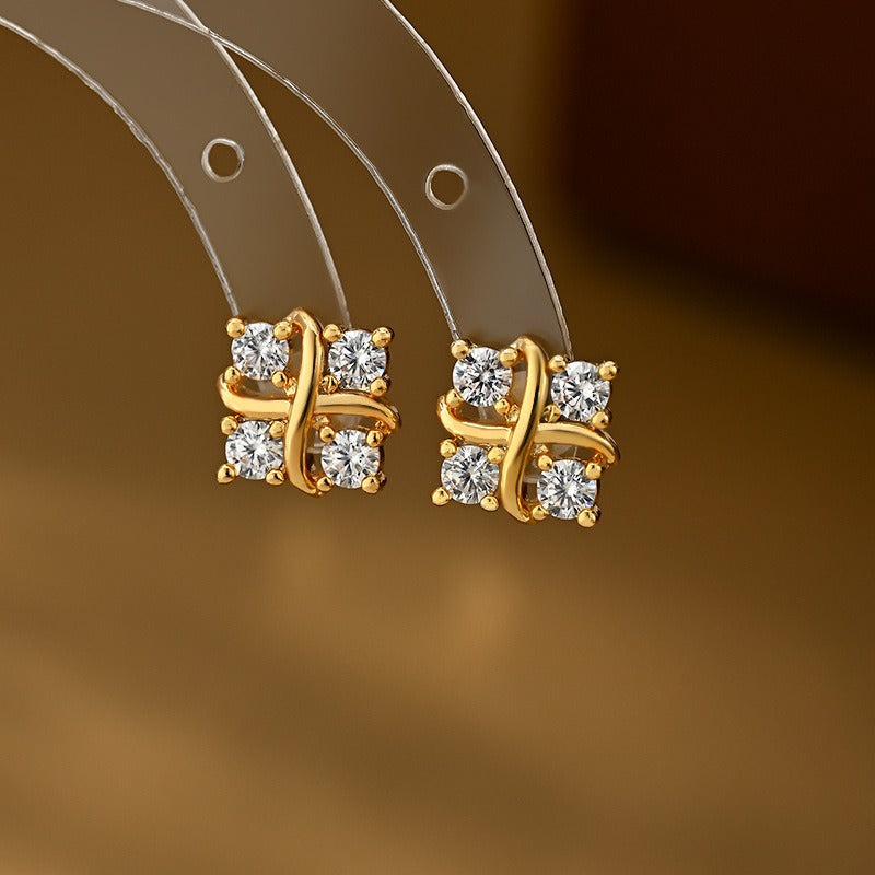 S925 Silver Criss-Cross Ribbon Four-Stone Stud Earrings Minimalist Geometric CZ Dainty Earrings