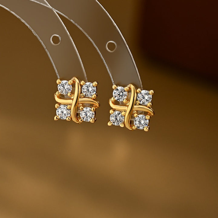 S925 Silver Criss-Cross Ribbon Four-Stone Stud Earrings Minimalist Geometric CZ Dainty Earrings