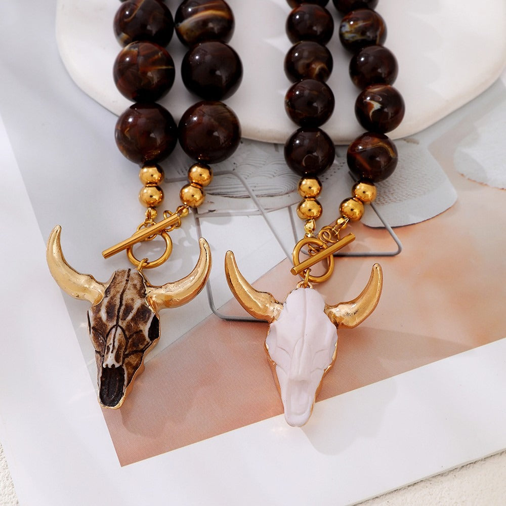 Vintage Western Cow Skull Beaded Necklace | Boho Tiger's Eye Chunky Statement Chain