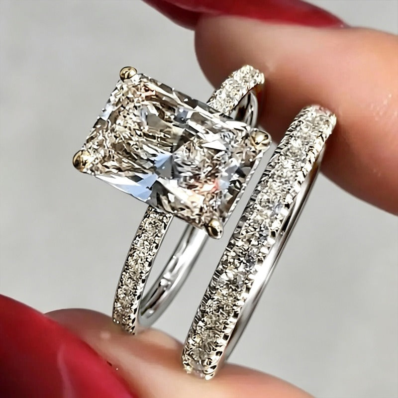 S925 Silver Geometric Square CZ Ring Set