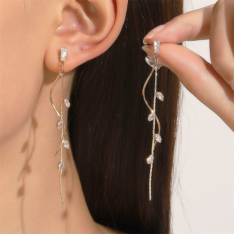 S925 Silver Vine Leaf Tassel Threader Earrings Ethereal Marquise CZ Long Drop Earrings