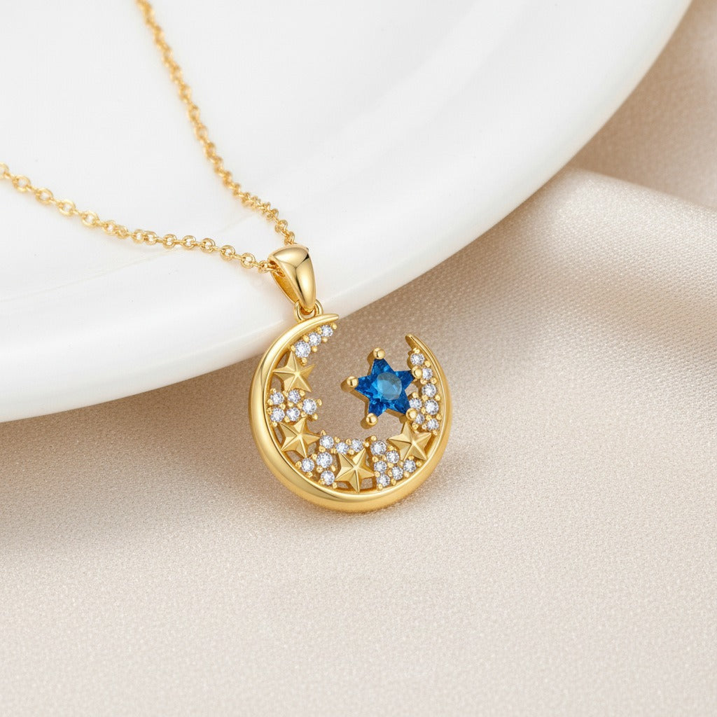 18K Gold Blue CZ Star & Moon Necklace