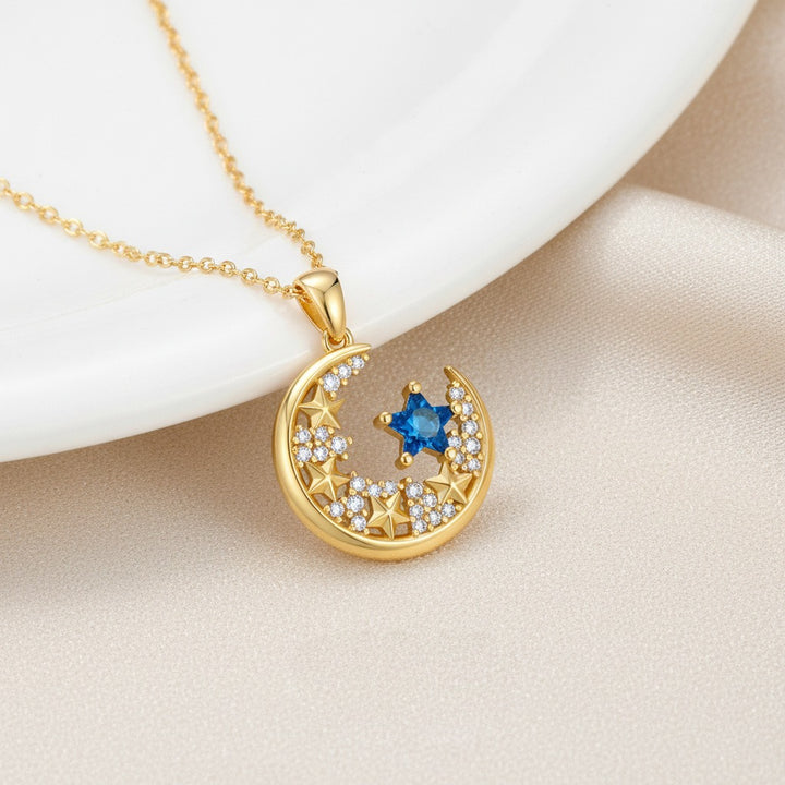 18K Gold Blue CZ Star & Moon Necklace