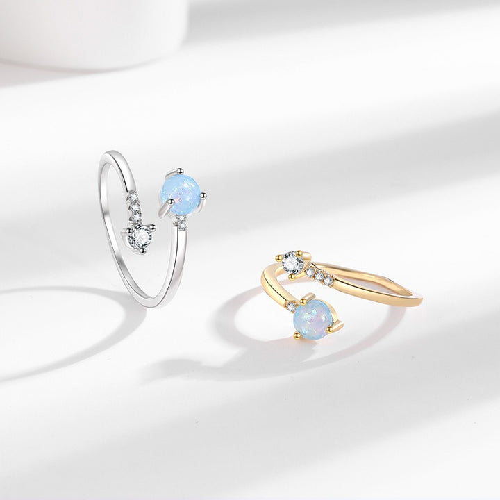 S925 Sterling Silver Iridescent Opal & Solitaire Asymmetrical Open Ring