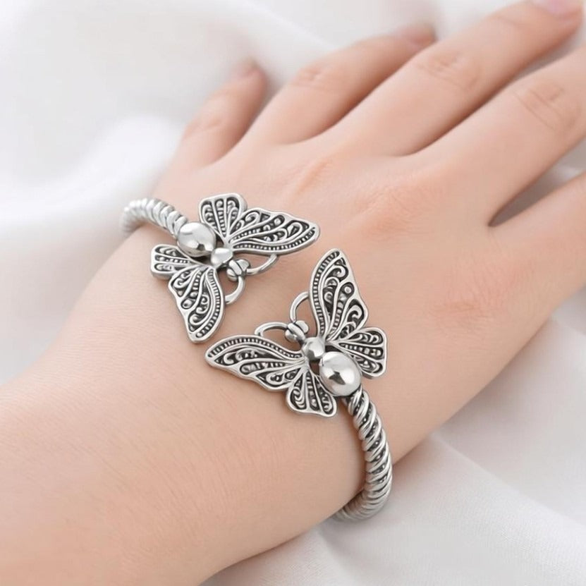 S925 Sterling Silver Twisted Texture Vintage Butterfly Open Cuff Bracelet