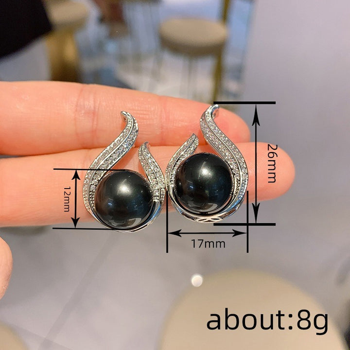 Silver Black Pearl & Pavé Streamline Necklace and Earrings Set