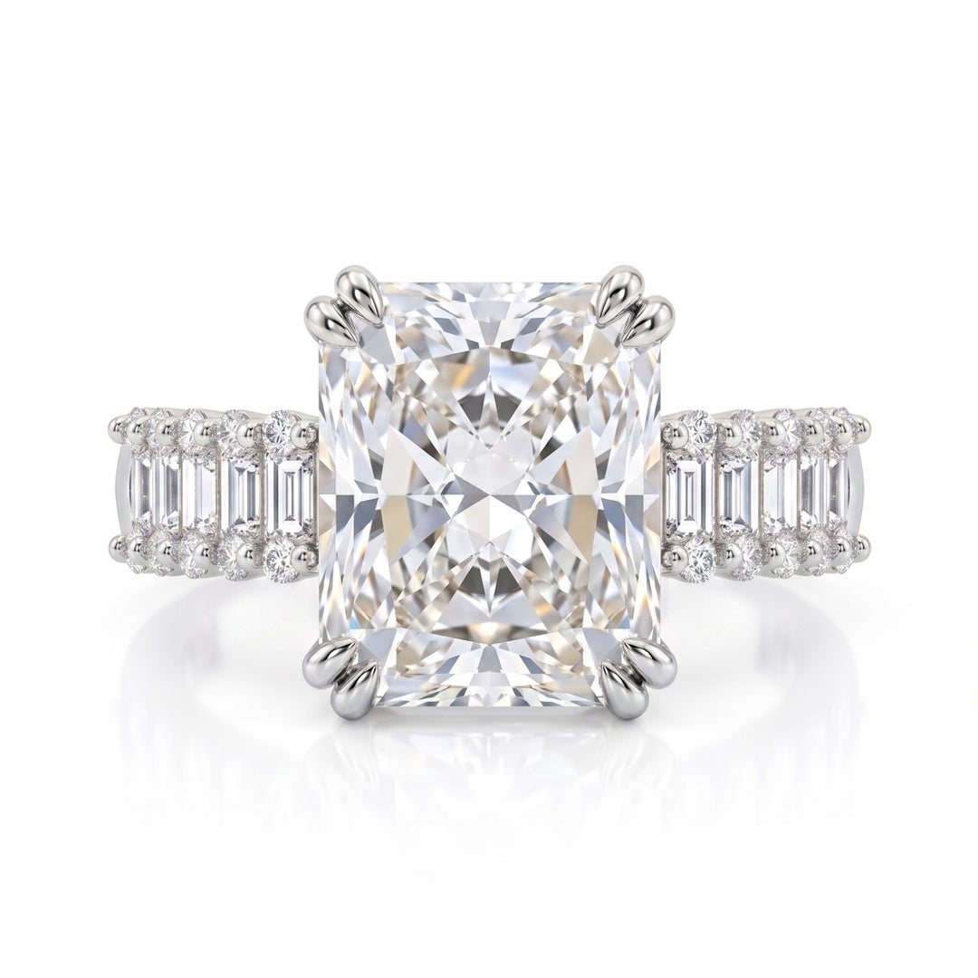 S925 Silver Ice-Cut Radiant Ring Art Deco Baguette Accents